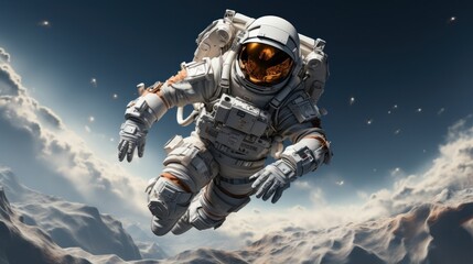 An astronaut in space with the dark sky behind him