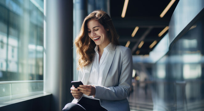 A Woman In A Corporate Office Space Laughs While Looking At Her Phone, Radiating Pride And Confidence. She's Dressed In Unique, Eye-catching Attire That Adds Flair To The Professional Setting.