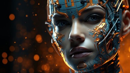 ai robot face with electrical background