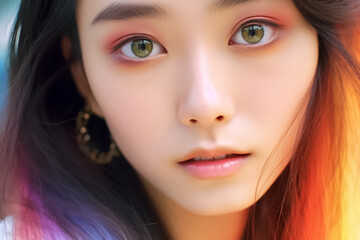 a beautiful young woman with mesmerizing rainbow-colored hair and eye-catching makeup. Her vivid rainbow style takes center stage in this close-up fashion shot. Generative AI. - obrazy, fototapety, plakaty