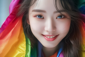 a beautiful young woman with mesmerizing rainbow-colored hair and eye-catching makeup. Her vivid rainbow style takes center stage in this close-up fashion shot. Generative AI.