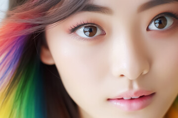 Fototapeta premium a beautiful young woman with mesmerizing rainbow-colored hair and eye-catching makeup. Her vivid rainbow style takes center stage in this close-up fashion shot. Generative AI.