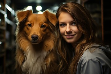 A girl with a dog. Portrait of the two of them. AI generated