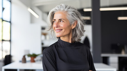 Obraz premium An Side view of modern senior female fashion designer gray hair wearing dark shirt standing in office, pose full of confidence and relaxed.