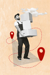 Vertical collage image of black white effect courier man hold pile stack delivery boxes location...
