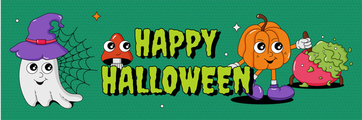 Halloween background with cartoon groovy character's. Vintage retro background in hippie 70's style. Background with pumpkin, ghost, hat, mushroom.