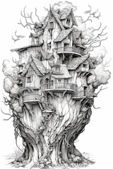 Fairy house, fairytale house, Fairy home, Elf House, Elf Home, small house, dream house, fantasy house, fantasy home, Generative AI, drawing, illustration, sketch, magical, Enchanted, Whimsical, Tiny,