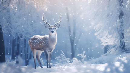 White Reindeer against the backdrop of a fabulous winter, snowy forest, bokeh and copy space. illustration. Christmas card with copy space.