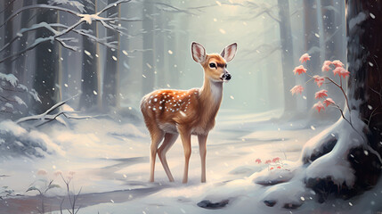 A cute little deer against the backdrop of a fabulous winter, a snowy forest with Christmas decorations, bokeh and copy space. Cartoon illustration. Christmas card.