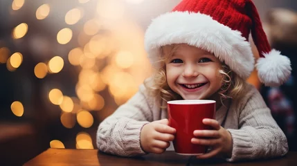 Schilderijen op glas Cute little girl in santa hat holding a cup of hot drink © Анастасия Козырева