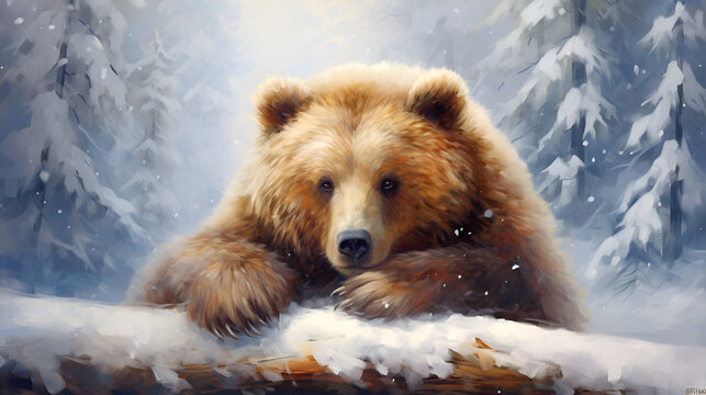 brown grizzly bear on the background of a snowy forest with copy space. 3d illustrations. Christmas card.