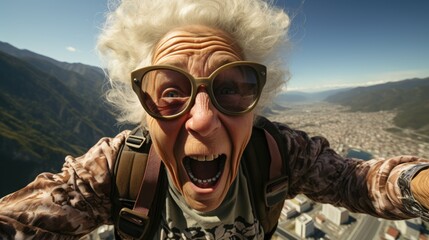 Fototapeta premium Funny elderly woman joyfully doing base jumping. Generative AI