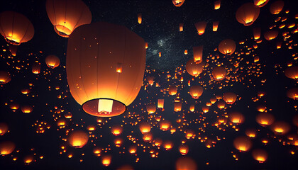 Obraz premium Floating lanterns in Yee Peng Festival in the sky, glowing lights in the night, Ai generated image 