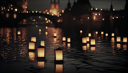 Floating lanterns in Yee Peng Festival, night street in the city, diwali concept, candles in the water, Ai generated image 
