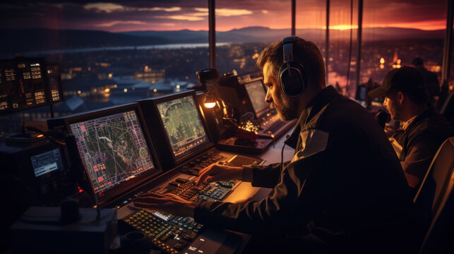 Air traffic controller worker. Office room with navigation screens,airplane departure and arrival data team. Airport tower concept.