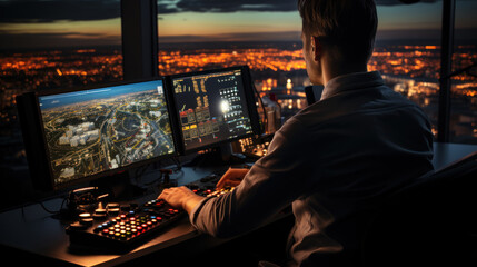 Air traffic controller worker. Office room with navigation screens,airplane departure and arrival data team. Airport tower concept.