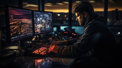 Air traffic controller worker. Office room with navigation screens,airplane departure and arrival data team. Airport tower concept.