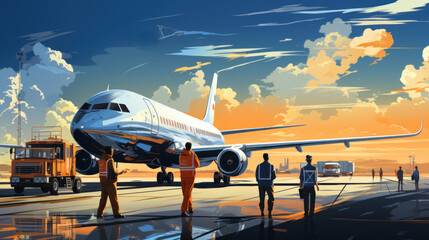 Airport terminal with passengers and cargo plane in the background. Vector illustration.