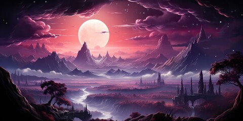 AI Generated. AI Generative. Purple pink landscape nature outdoor background. Mountains lake forest scene view adventure explore. Graphic Art