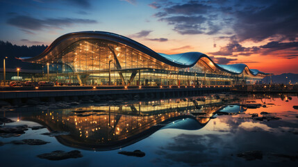 Modern airport at sunset.