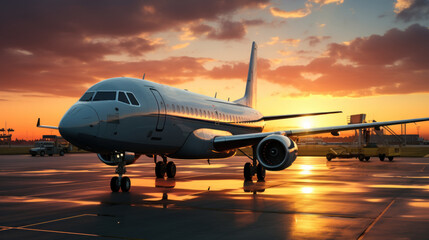 Airplane on the runway at the airport at sunset. Travel concept