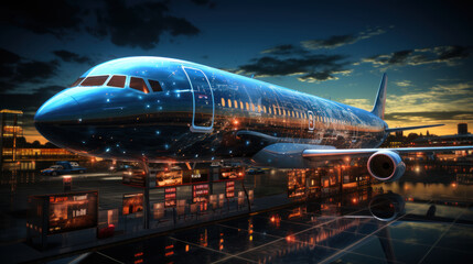 Airplane in the airport at night. Travel concept. 3d rendering