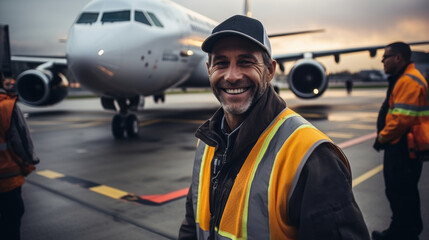 Portrait of smiling worker standing in front of airplane at the airport.