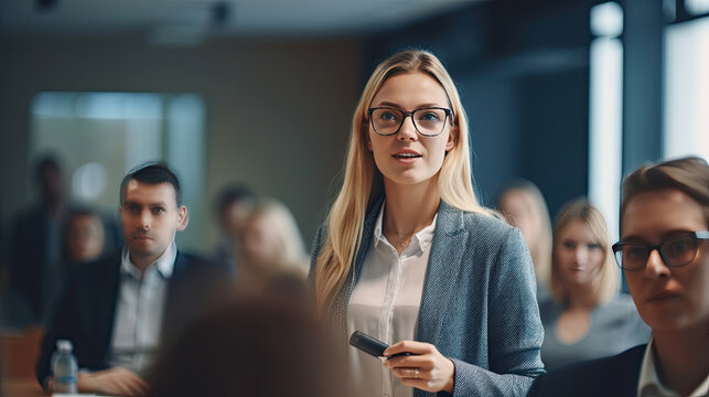 A confident female executive masterfully delivers a business presentation in a boardroom, engaging her audience during an informative workshop. knowledge transfer concept. Generative Ai