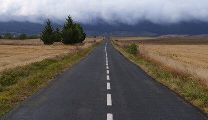 Fototapeta na wymiar Empty asphalt road in rural landscape with dramatic clouds.