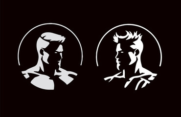 Man profile icons. Strong face silhouette emblem for barbershops, grooming, hairdresser logos. Modern design, versatile concept, stylized, muscular men with modern hair. Vector illustrations