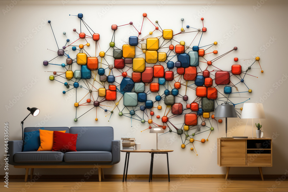 Aufkleber web of ideas. mind map on a wall with interconnected concepts and keywords, showcasing the complexit
