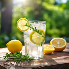 Summer refreshing lemonade drink or alcoholic cocktail with ice, rosemary and lemon slices on the table in the garden. 