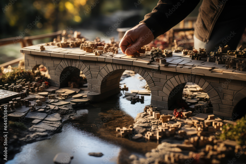Poster idea bridge. person constructing a bridge with puzzle pieces, symbolizing the connection between dif