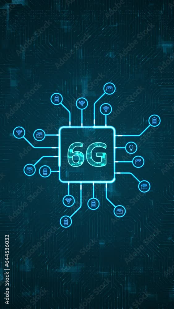 Poster motion graphic of blue digital 6g logo and futuristic hud technology circuit board with technology i