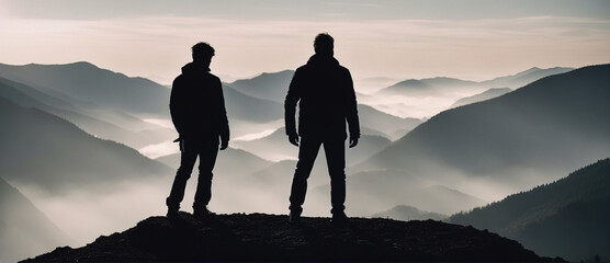 A wide-angle shot of a silhouette of two people standing on top of a mountain and looking at a beautiful panorama of the mountain landscape against sunset sky.