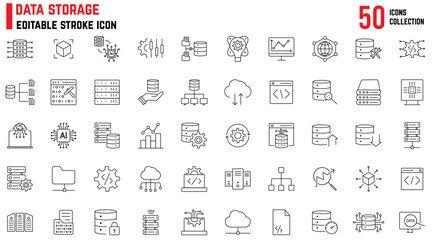 Collection of Data related editable stroke icons, includes data storage, cloud storage data, technology services, server, Data thin line icons