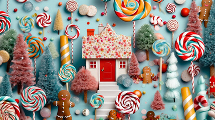 Christmas background. Gingerbread, candies and sweets, Christmas baubles and decorations on a blue background, flat lay.