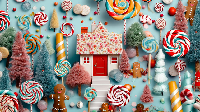 Christmas background. Gingerbread, candies and sweets, Christmas baubles and decorations on a blue background, flat lay. - Powered by Adobe