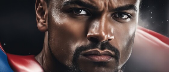 Close-up portrait of a professional athlete with intense focus in his eyes and sweat pouring down his face