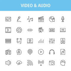 Video and audio line icon set