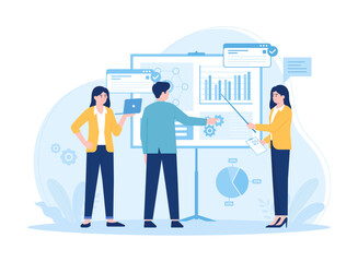 Teamwork analyzing business growth charts concept flat illustration
