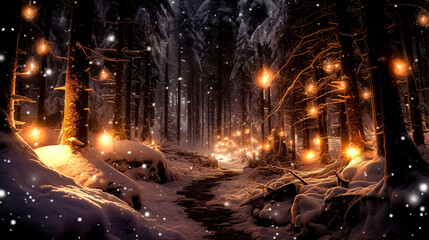 Stream in gloomy mysterious winter forest with magic lights - obrazy, fototapety, plakaty