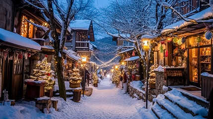 Winter cityscape with an empty snow-covered street in a small European town decorated for the New...