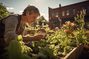 A resident tends to a community garden, where neighbors collectively nurture plants and vegetables while fostering a sense of shared responsibility. Generative Ai.