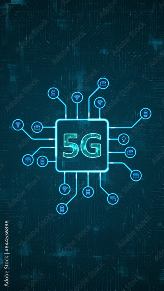 Poster motion graphic of blue digital 5g logo and futuristic hud technology circuit board with technology i