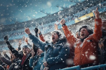 Fototapeta na wymiar Snowy Night Celebration: Joyful Crowd Cheers and Smiles in the Winter