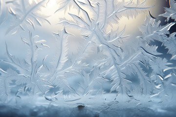 A close-up reveals the texture and patterns of frost that have formed on a window, adding an artistic touch to the view outside. Generative Ai.