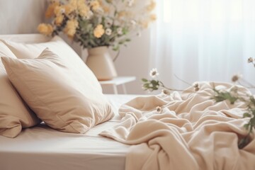 An unmade bed, with comfortable pillows and warm white blankets, in the morning, with no one.