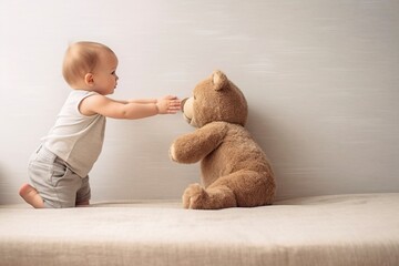 6 month old baby tries to reach his teddy bear, simple background.
