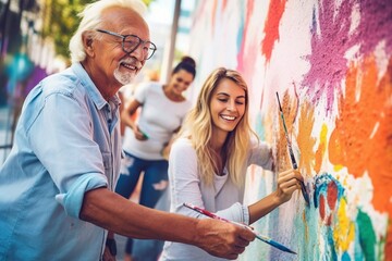 Retirees paint a mural on a street wall. - obrazy, fototapety, plakaty
